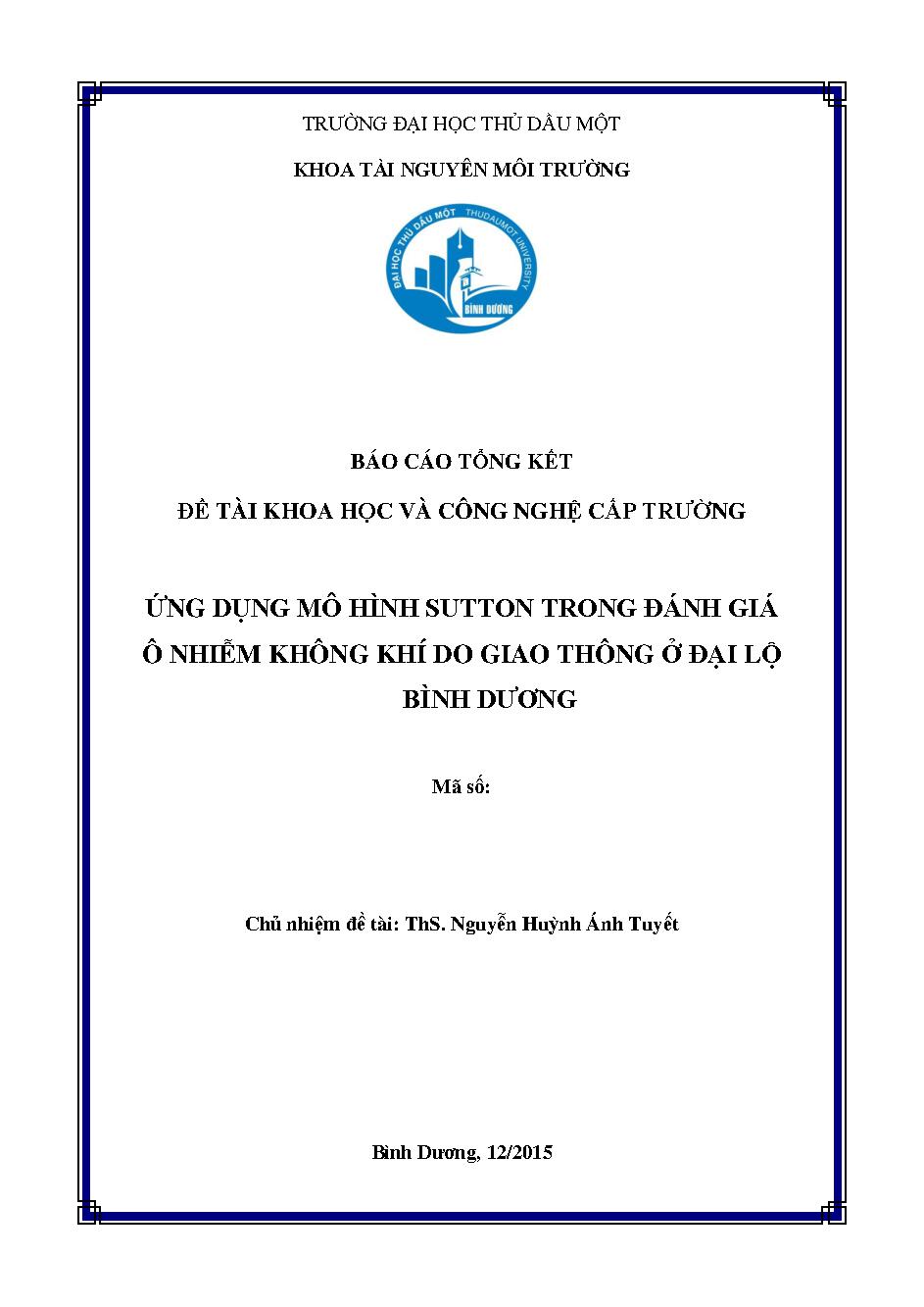 Ứng dụng mô hình sutton trong đánh giá ô nhiễm không khí do giao thông ở đại lộ Bình Dương