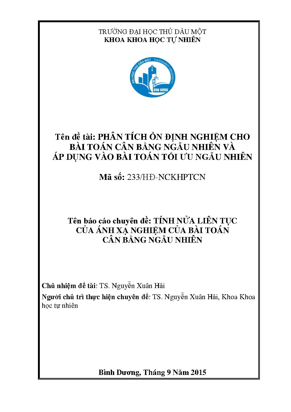 Phân tích ổn định nghiệm cho bài toán cân bằng ngẫu nhiên và áp dụng vào bài toán tối ưu ngẫu nhiên