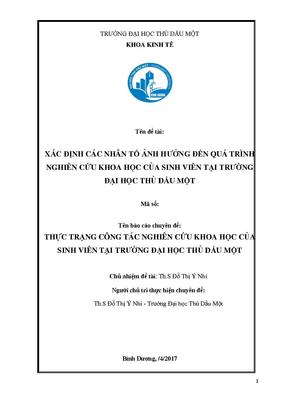 Xác định các nhân tố ảnh hưởng đến quá trình nghiên cứu khoa học của sinh viên trường đại học Thủ Dầu Một