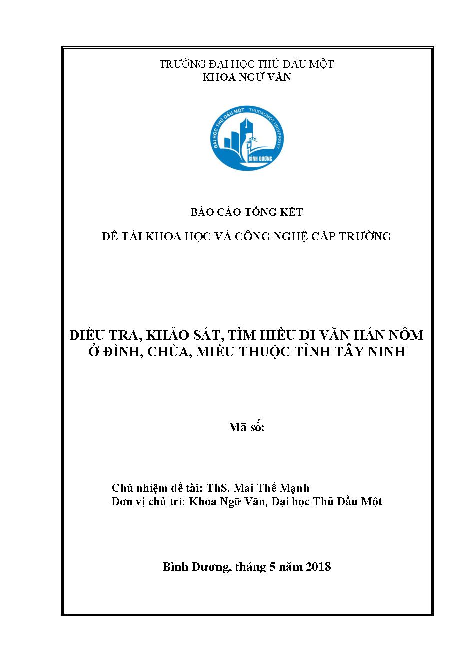 Điều tra, khảo sát, tìm hiểu di văn Hán nôm ở đình, chùa, miếu thuộc tỉnh Tây Ninh