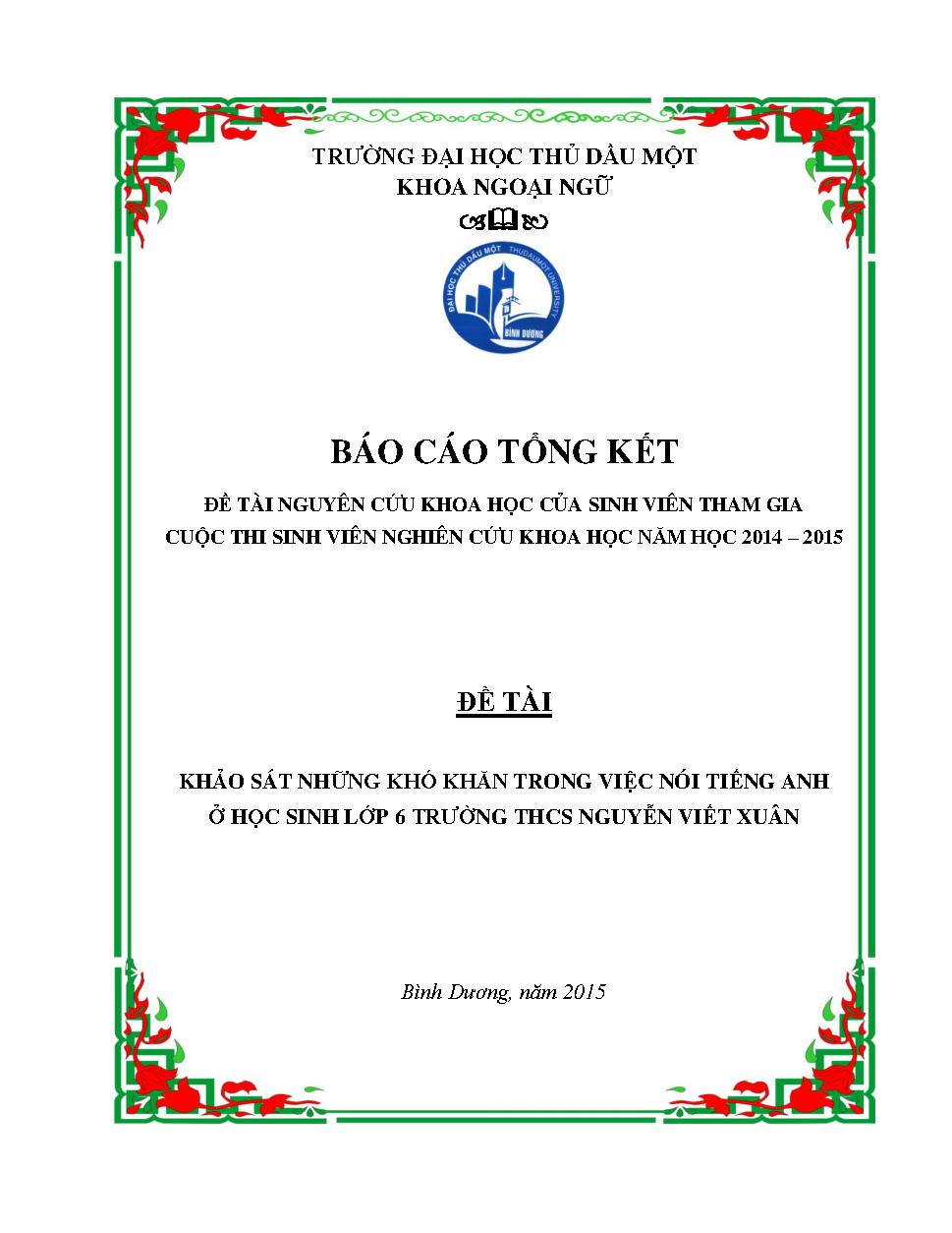 Khảo sát những khó khăn trong việc nói tiếng Anh ở Học sinh lớp 6, Trường THCS Nguyễn Viết Xuân