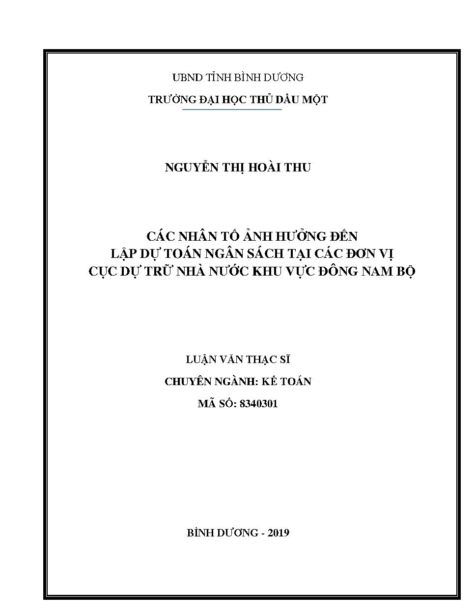 Các nhân tố ảnh hưởng đến lập dự toán ngân sách tại các đơn vị Cục Dự trữ Nhà nước khu vực Đông Nam Bộ