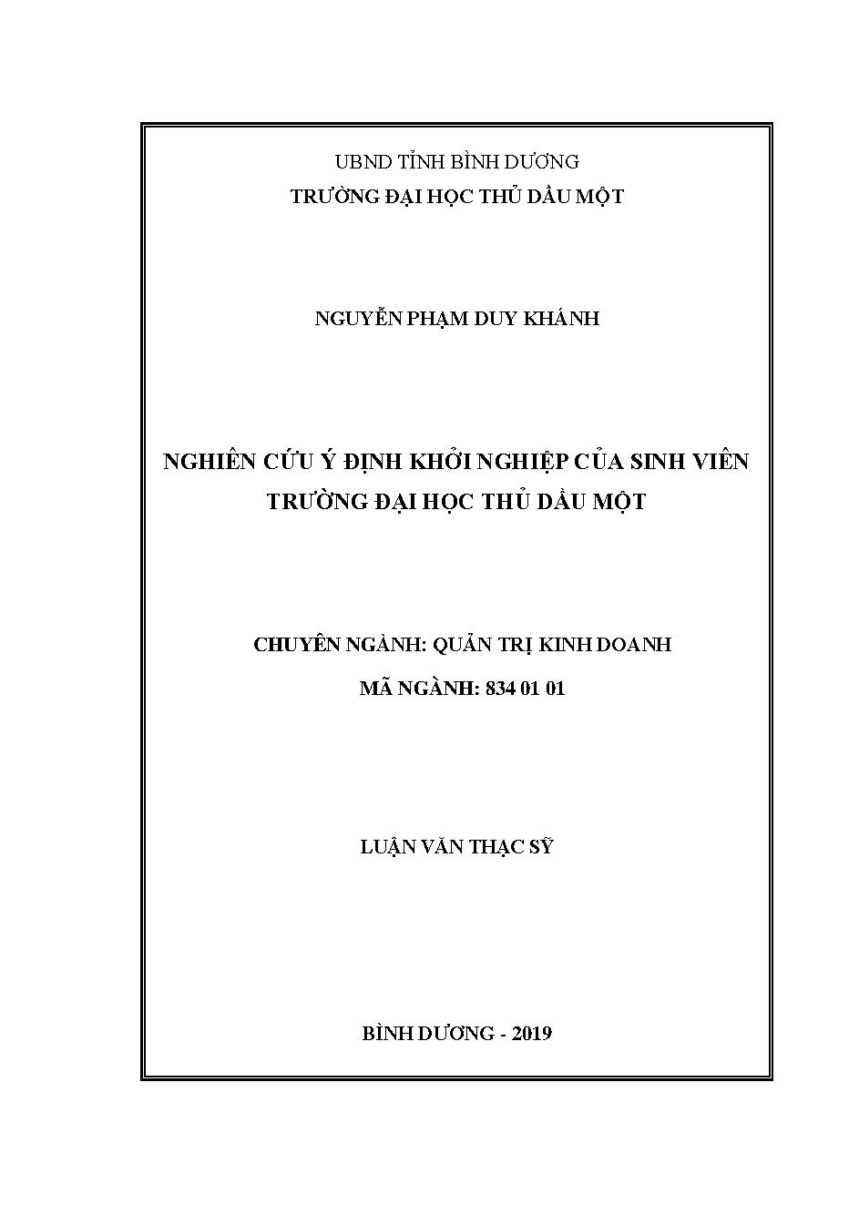 Nghiên cứu ý định khởi nghiệp của sinh viên trường Đại học Thủ Dầu Một