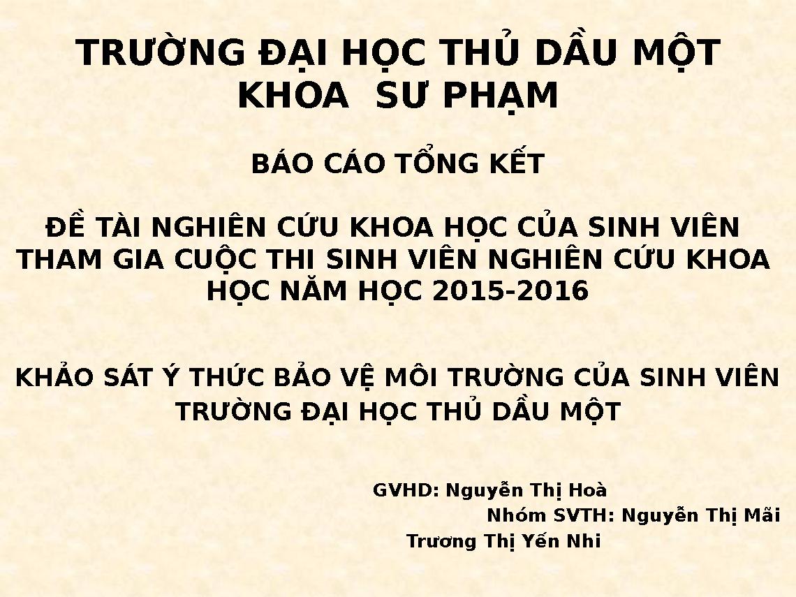 Khảo sát ý thức bảo vệ môi trường của sinh viên tại Trường Đại học Thủ Dầu Một