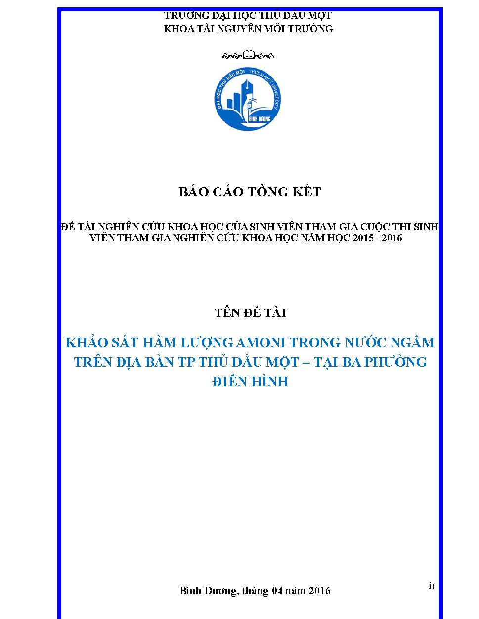 Khảo sát hàm lượng amoni trong nước ngầm trên địa bàn TP Thủ Dầu Một – tại ba phường điển hình