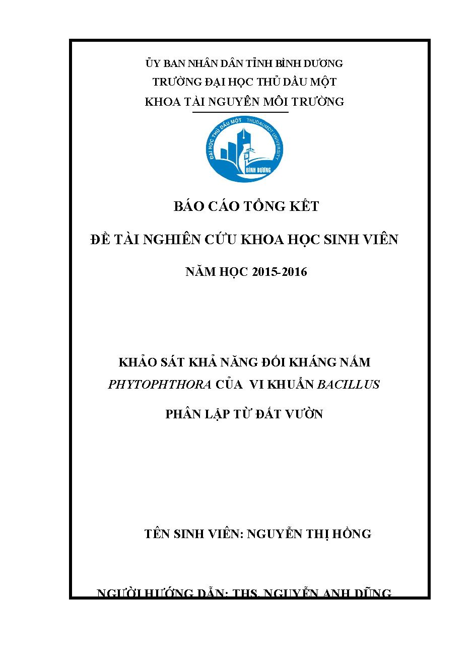 Khảo sát khả năng đối kháng nấm Phytophthora của vi khuẩn Bacillus phân lập từ đất vườn