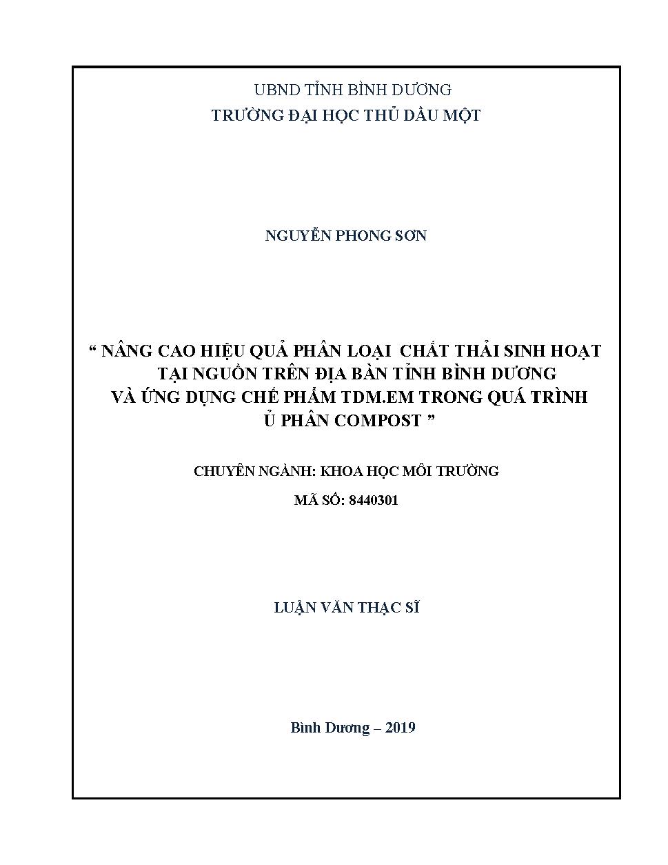 Nâng cao hiệu quả phân loại chất thải sinh hoạt tại nguồn trên địa bàn tỉnh Bình Dương và ứng dụng chế phẩm TDM.EM trong quá trình ủ phân compost