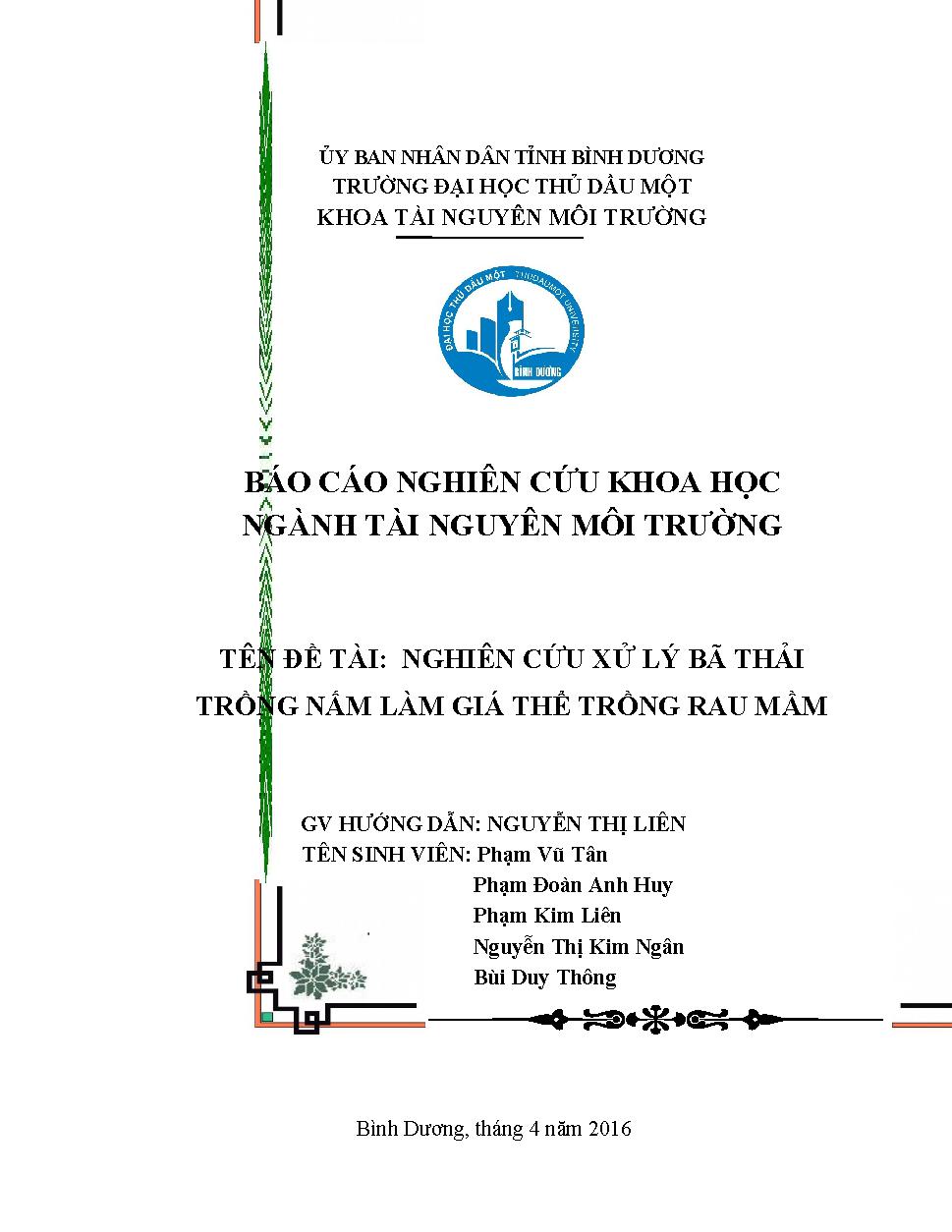 Nghiên cứu xử lý bã thải trồng nấm làm giá thể trồng rau mầm