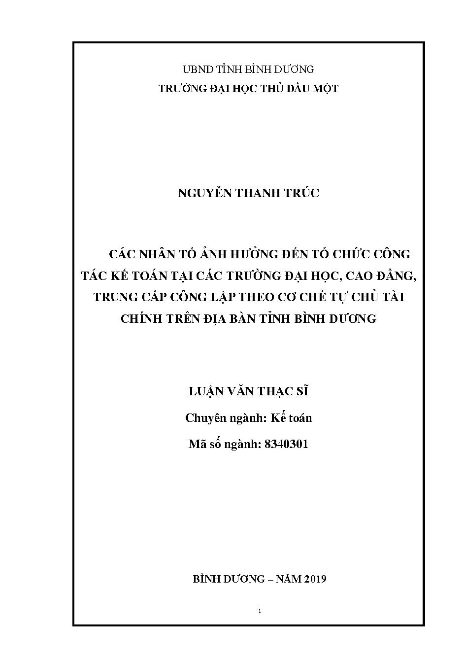 Các nhân tố ảnh hưởng đến tổ chức công tác kế toán tại các trường Đại học, cao đẳng, trung cấp công lập theo cơ chế tự chủ tài chính trên địa bàn tỉnh Bình Dương