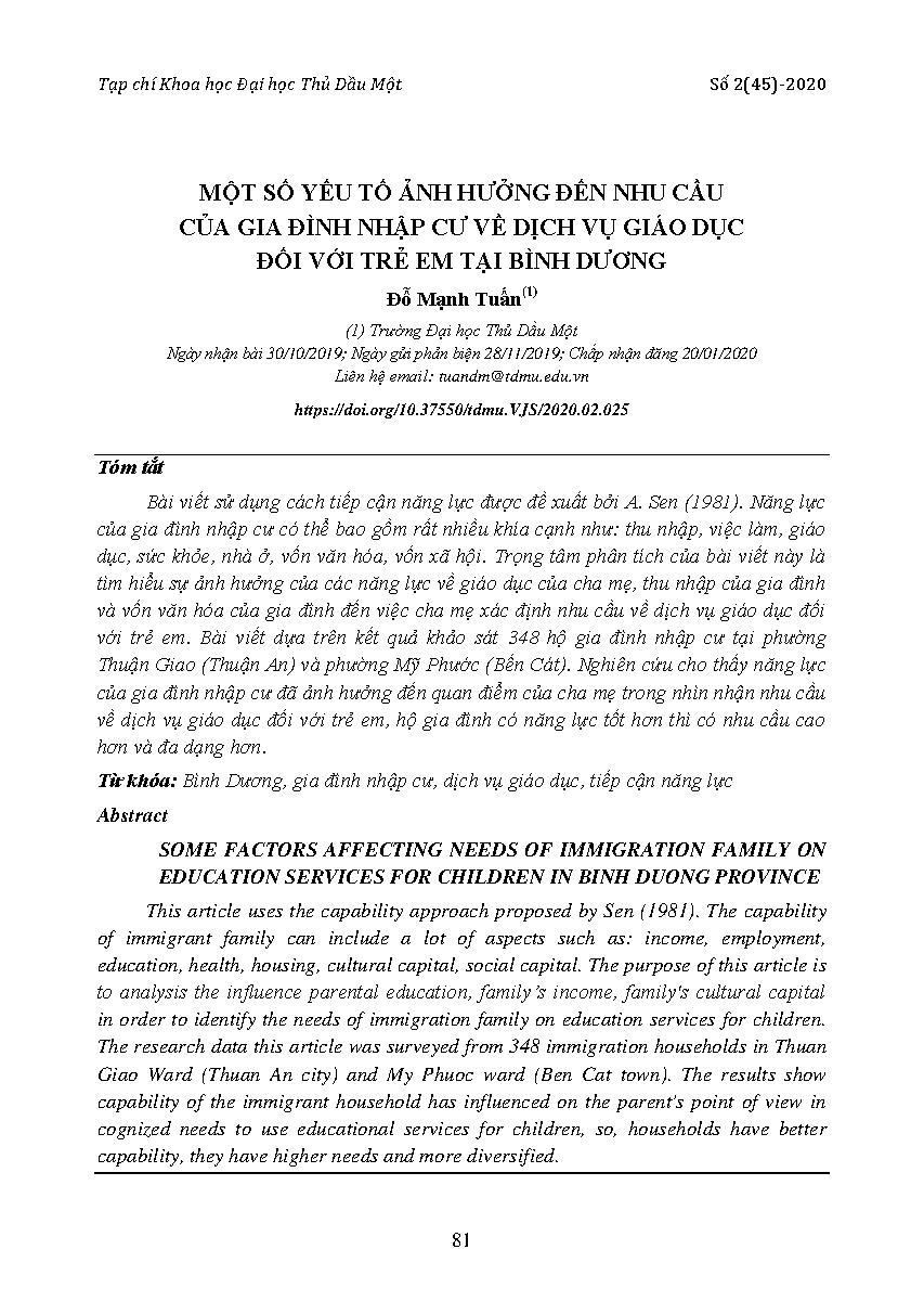 Một số yếu tố ảnh hưởng đến nhu cầu của gia đình nhập cư về dịch vụ giáo dục đối với trẻ em tại Bình Dương