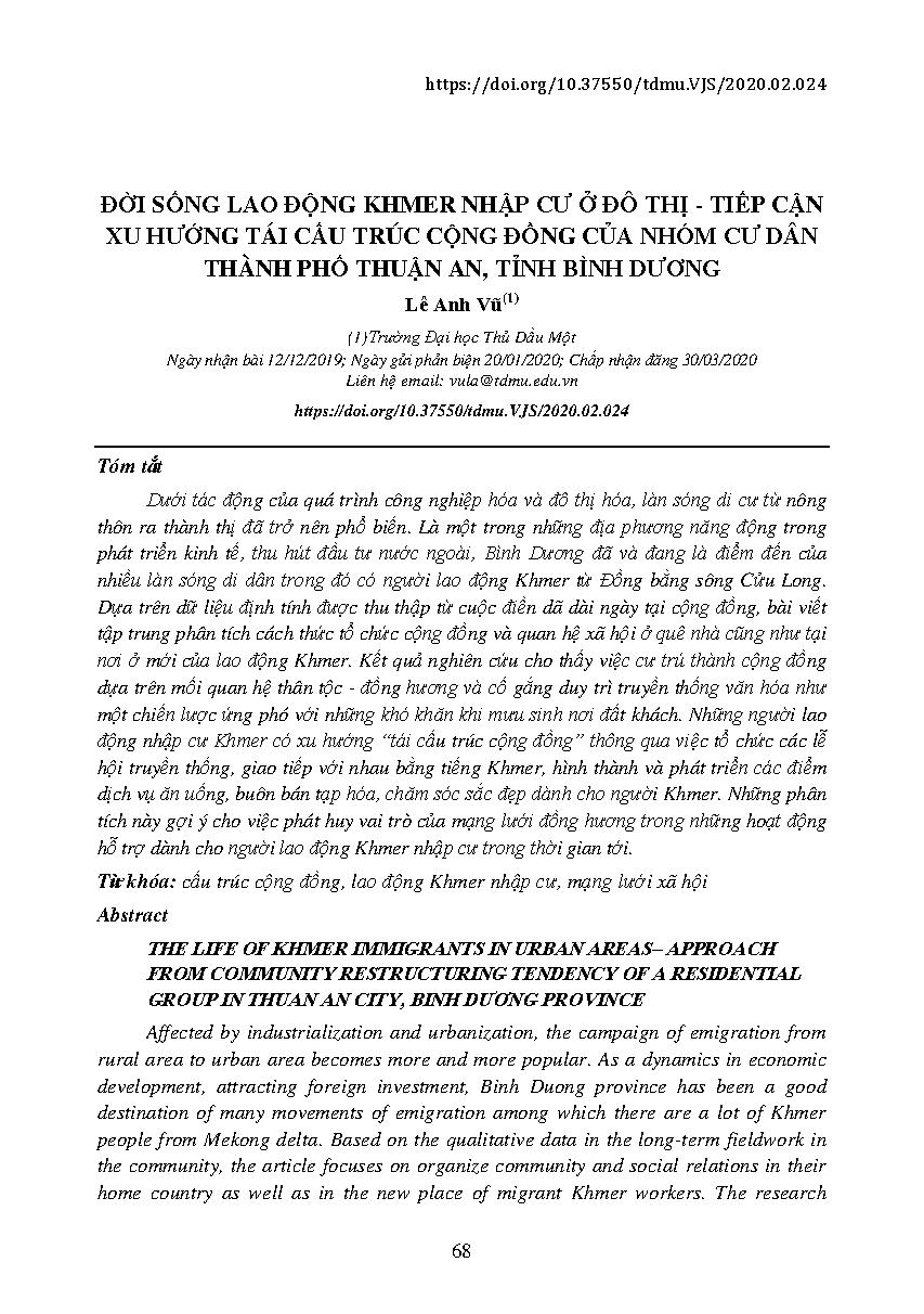 Đời sống lao động Khmer nhập cư ở đô thị - tiếp cận xu hướng tái cấu trúc cộng đồng của một nhóm cư dân thành phố Thuận An, tỉnh Bình Dương