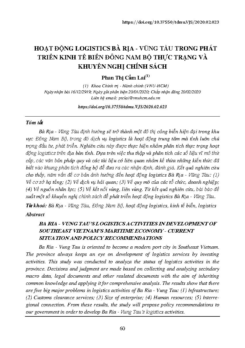 Hoạt động Logistics Bà Rịa – Vũng Tàu trong phát triển kinh tế biển Đông Nam Bộ: thực trạng và khuyến nghị chính sách