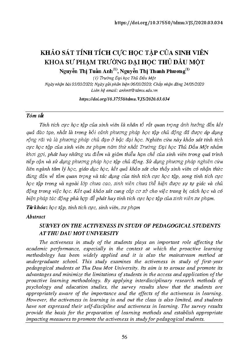 Khảo sát tính tích cực học tập của sinh viên khoa Sư phạm trường Đại học Thủ Dầu Một