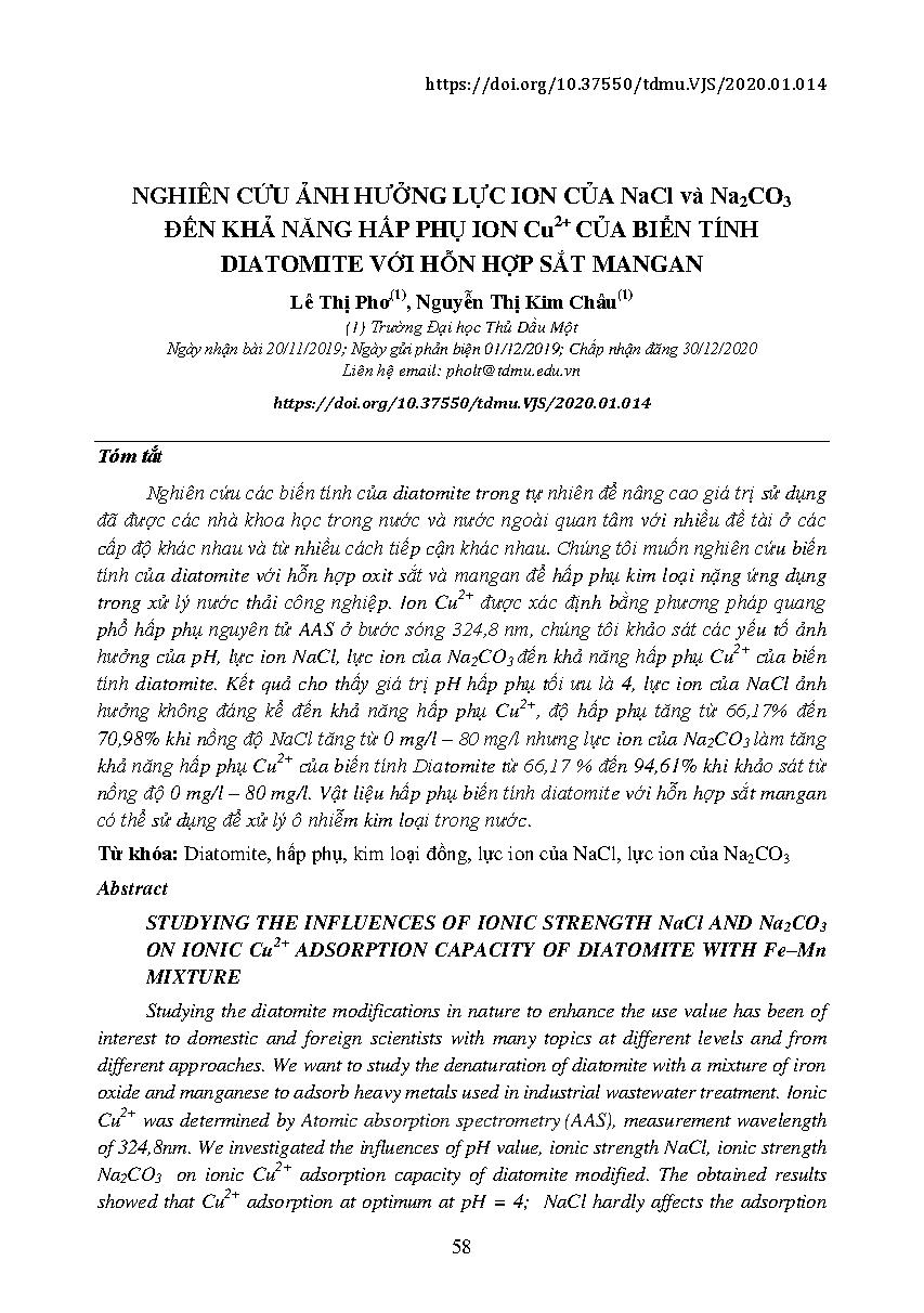 Nghiên cứu ảnh hưởng lực Ion của NaCl và Na2CO3 đến khả năng hấp phụ Ion Cu2+ của biến tính diatomite với hỗn hợp sắt mangan