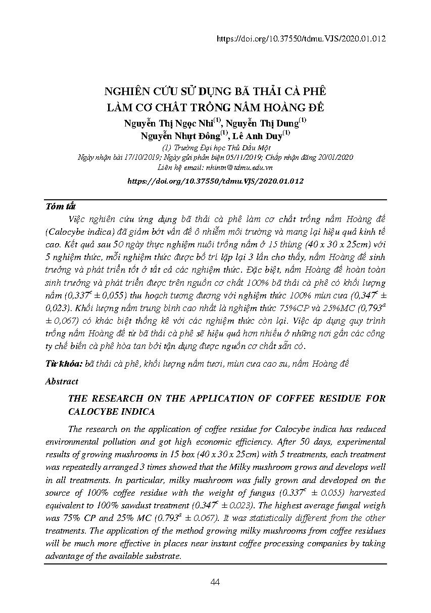 Khảo sát khả năng sử dụng bã thải cà phê làm cơ chất trồng nấm Hoàng Đế