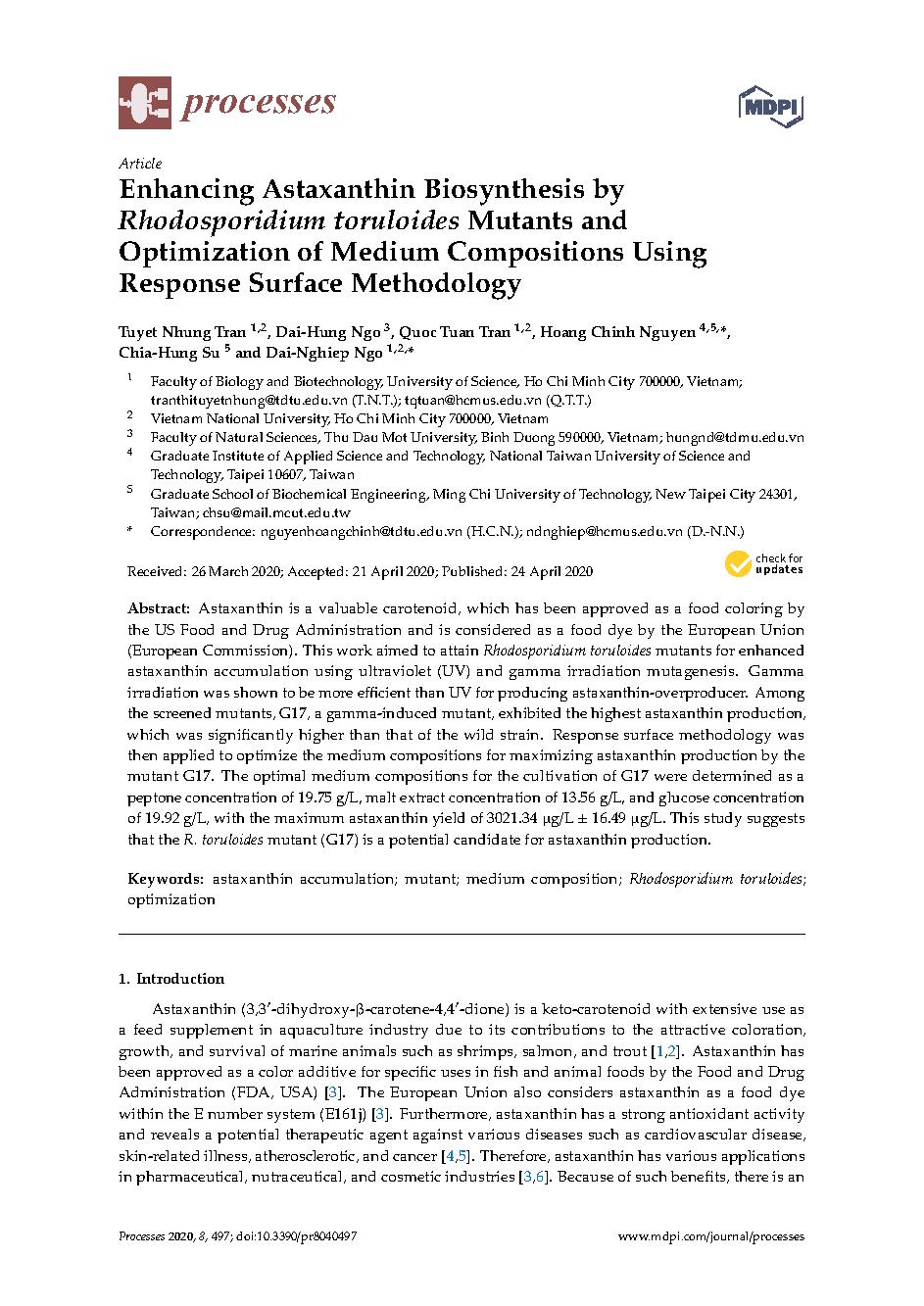 Enhancing Astaxanthin Biosynthesis by Rhodosporidium toruloides Mutants and Optimization of Medium Compositions Using Response Surface Methodology