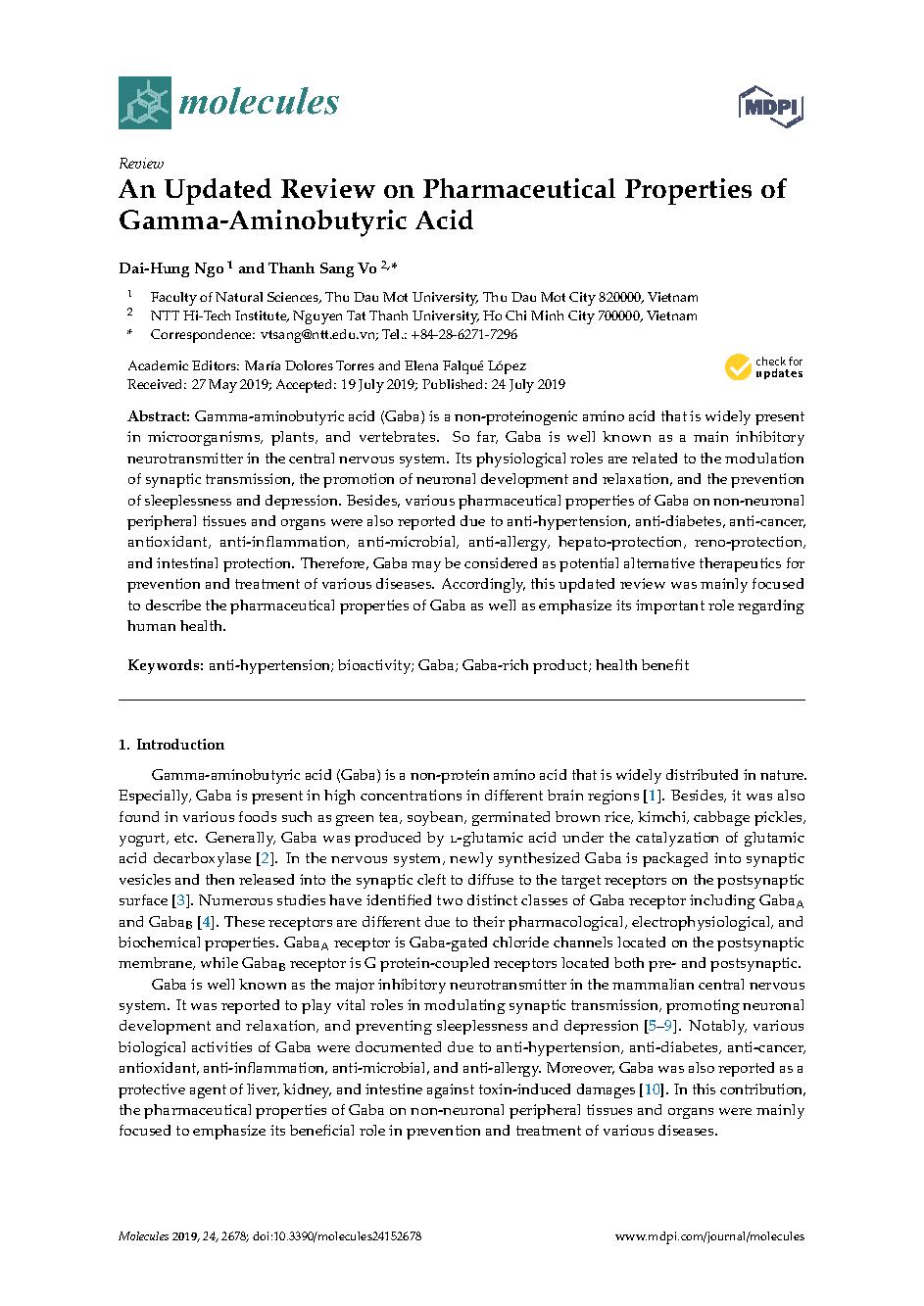 An Updated Review on Pharmaceutical Properties of Gamma-Aminobutyric Acid