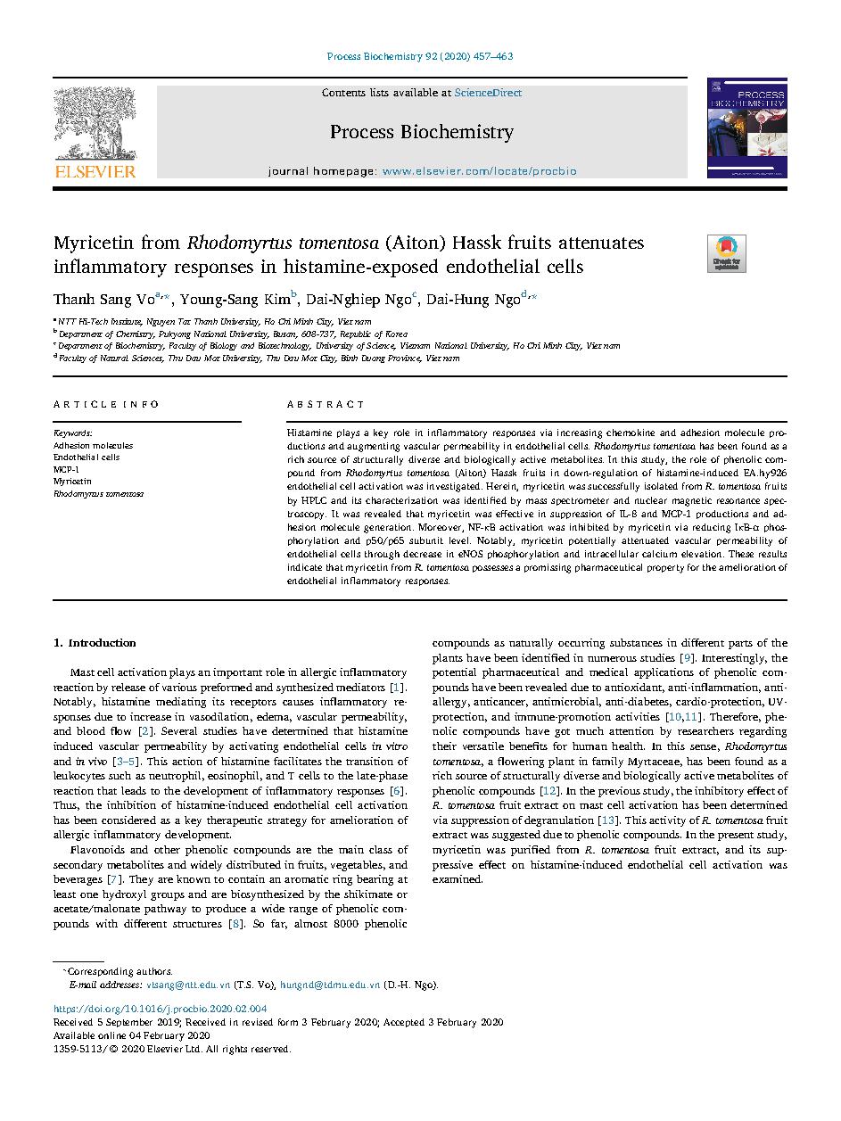 Myricetin from Rhodomyrtus tomentosa (Aiton) Hassk fruits attenuates inflammatory responses in histamine-exposed endothelial cells