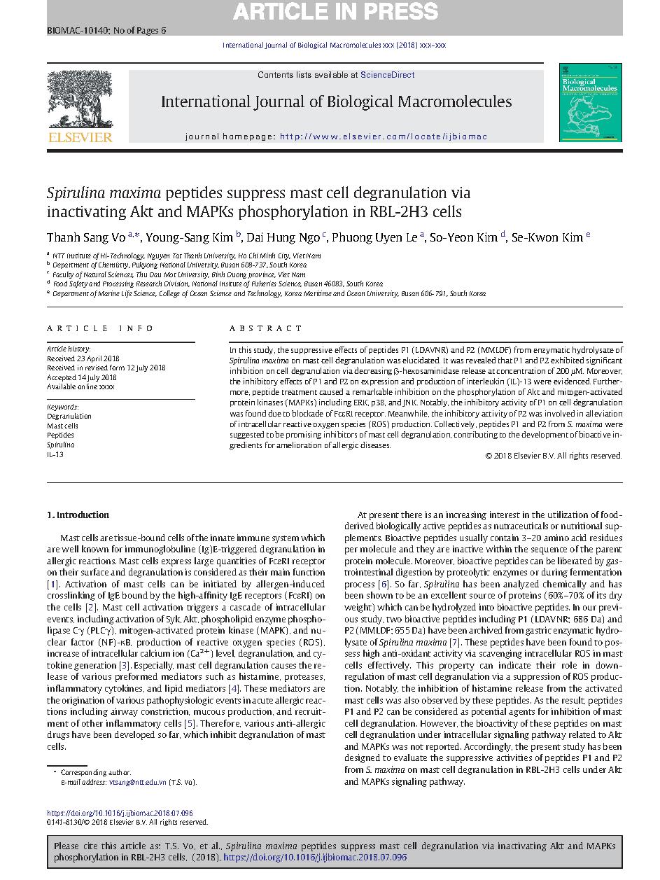 Spirulina maxima peptides suppress mast cell degranulation via inactivating Akt and MAPKs phosphorylation in RBL-2H3 cells