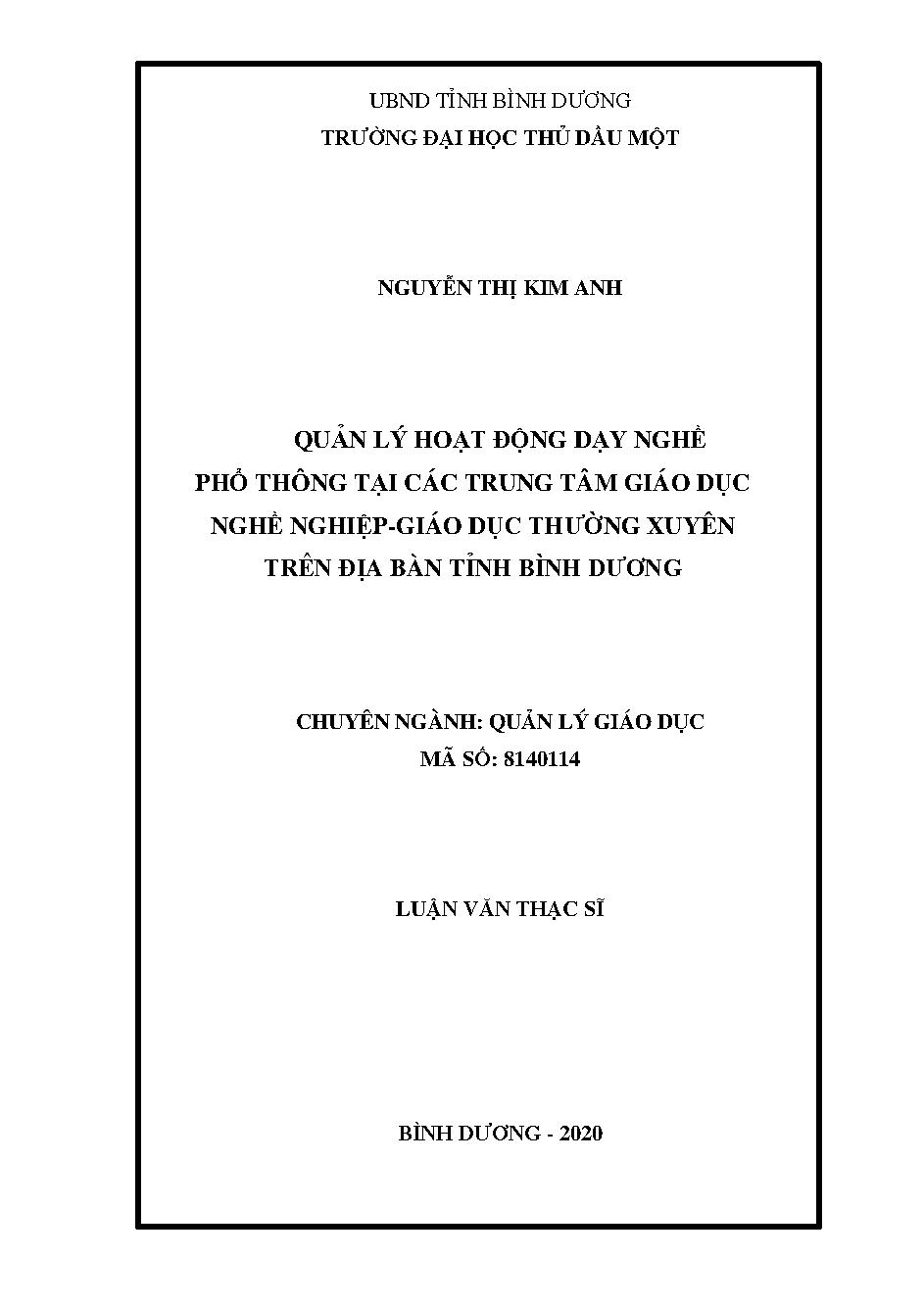 Quản lý hoạt động dạy nghề phổ thông tại các Trung tâm GDNN-GDTX trên địa bàn tỉnh Bình Dương