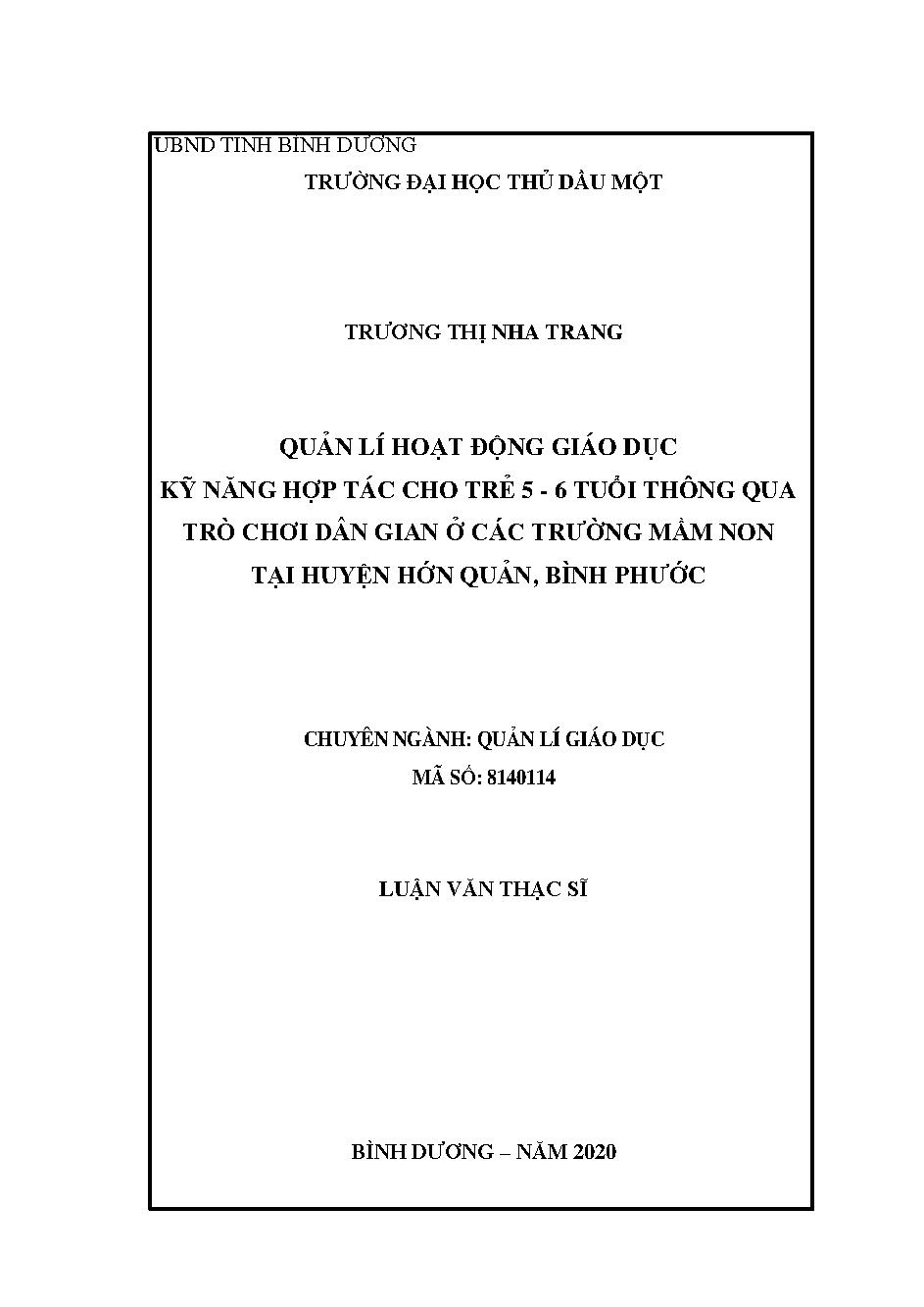 Quản lý hoạt động giáo dục kỹ năng hợp tác cho trẻ 5 - 6 tuổi thông qua trò chơi dân gian ở các trường mầm non tại huyện Hớn Quản, Bình Phước