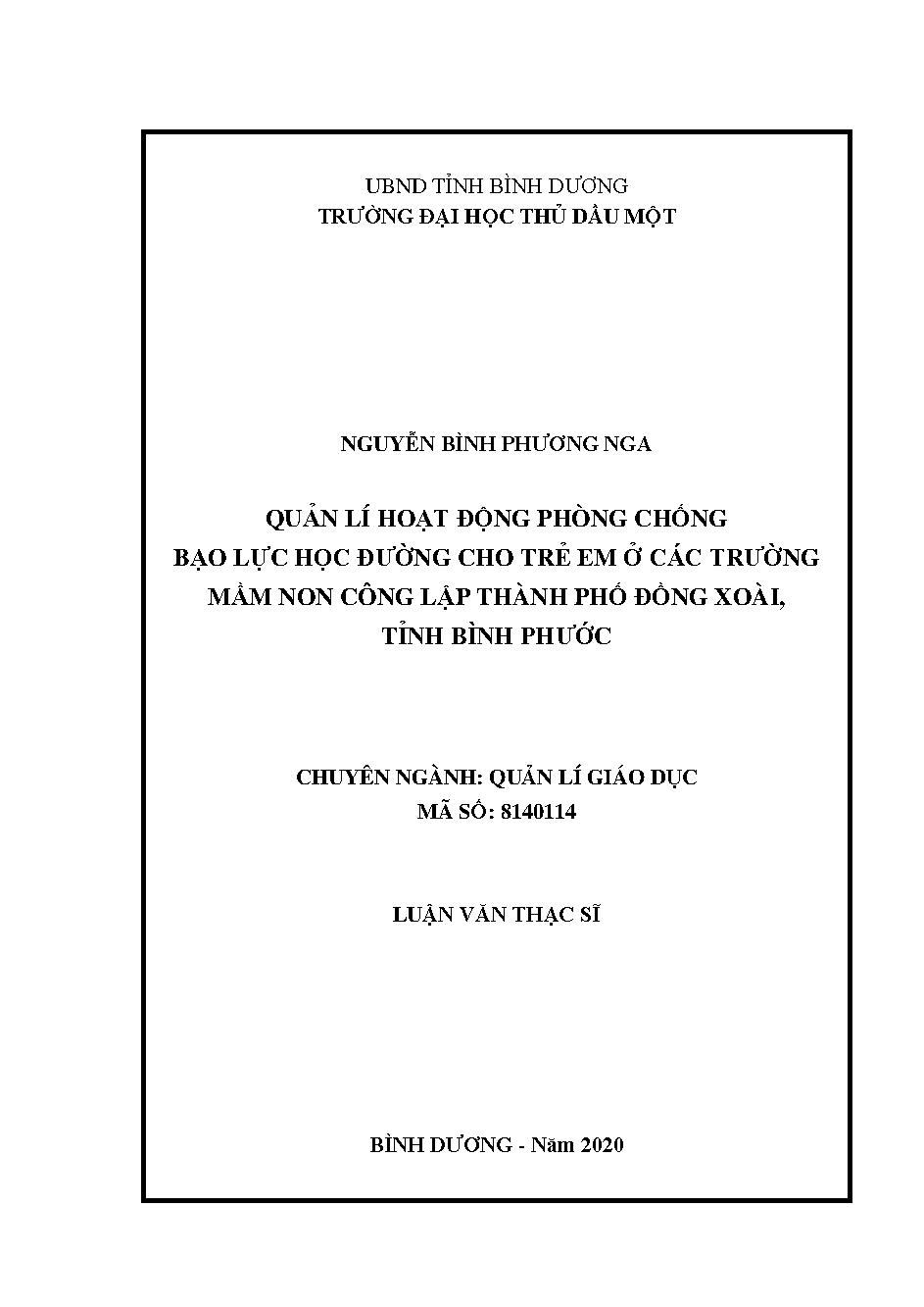 Quản lí hoạt động phòng chống bạo lực học đường cho trẻ em ở các trường mầm non công lập thành phố Đồng Xoài, tỉnh Bình Phước