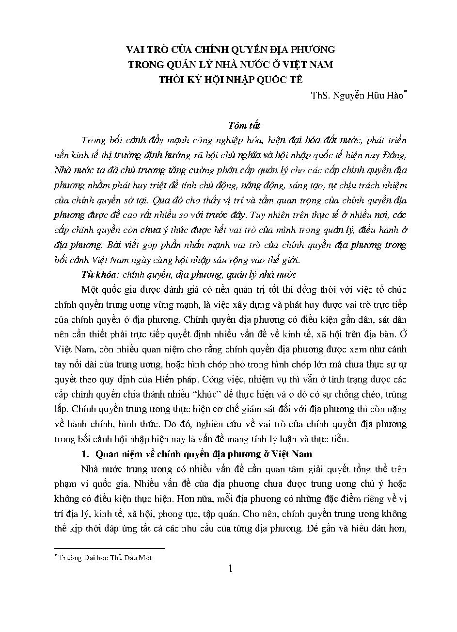 Vai trò của chính quyền địa phương trong quản lý nhà nước ở Việt nam thời kỳ hội nhập quốc tế