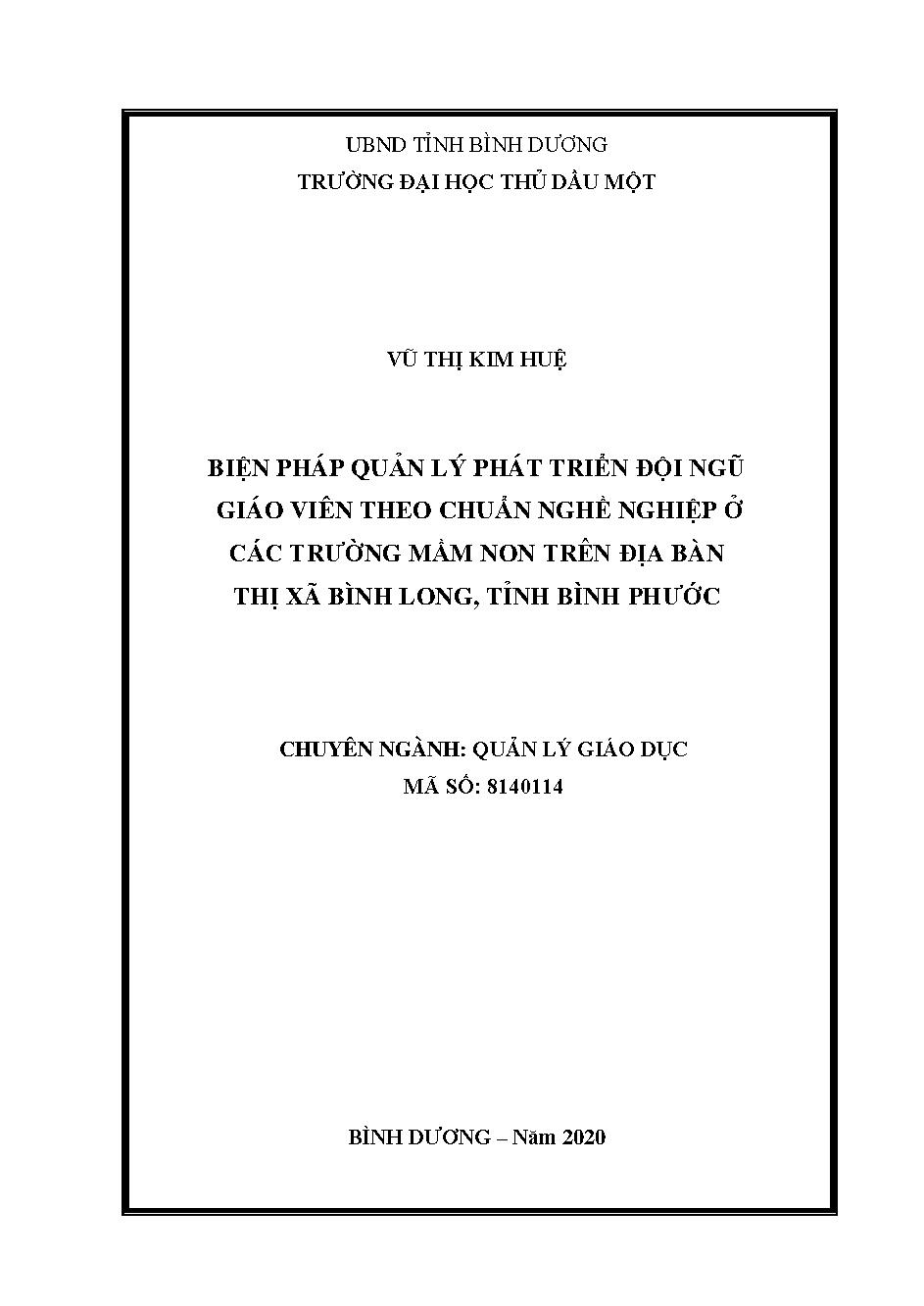 Biện pháp quản lý phát triển đội ngũ giáo viên theo chuẩn nghề nghiệp, ở các trường mầm non trên địa bàn thị xã Bình Long, tỉnh Bình Phước