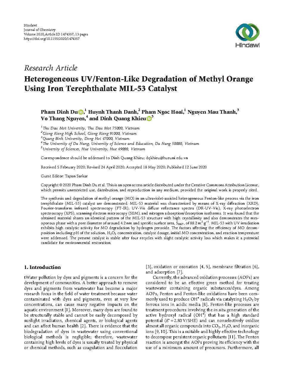 Heterogeneous UV/Fenton-Like degradation of methyl orange using iron terephthalate MIL-53 catalyst