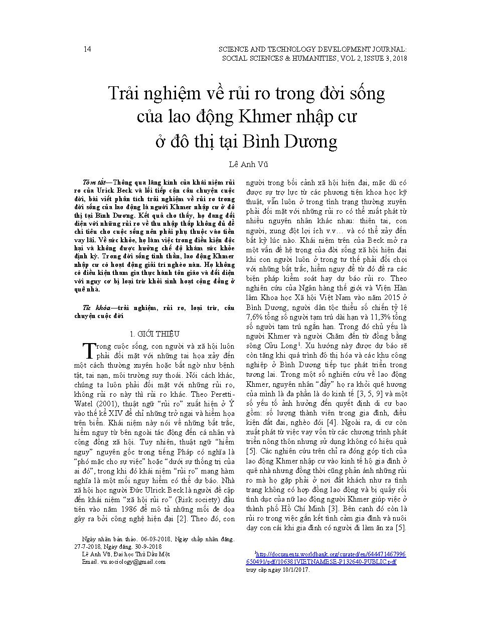 Trải nghiệm về rủi ro trong đời sống của lao động Khmer nhập cư ở đô thị tại Bình Dương