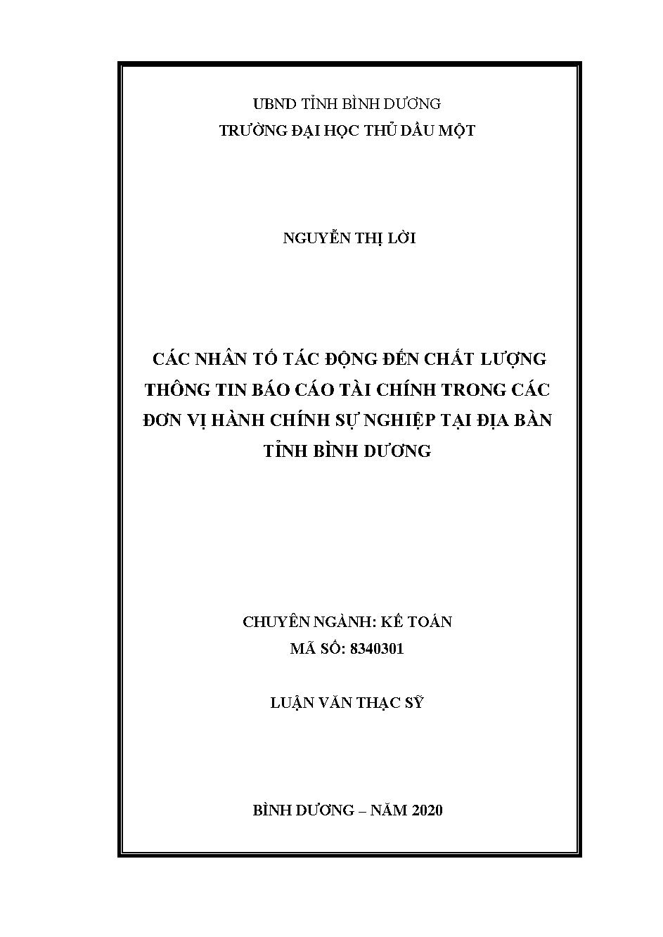 Các nhân tố tác động đến chất lượng thông tin báo cáo tài chính trong các đơn vị hành chính sự nghiệp tại địa bàn tỉnh Bình Dương