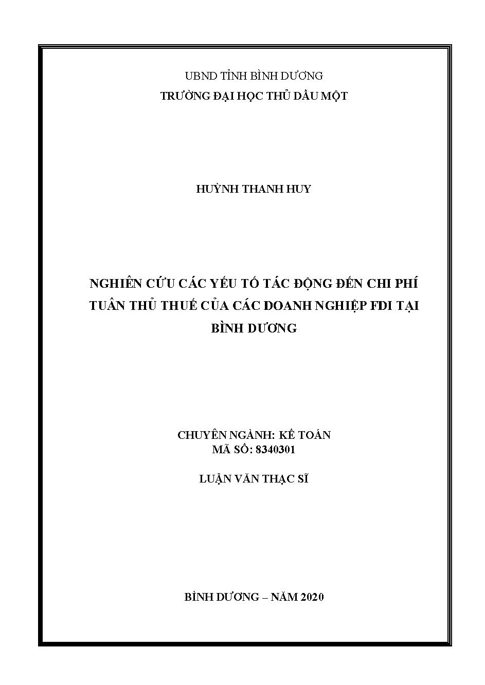 Nghiên cứu các yếu tố tác động đến chi phí tuân thủ thuế của các doanh nghiệp FDI tại Bình Dương