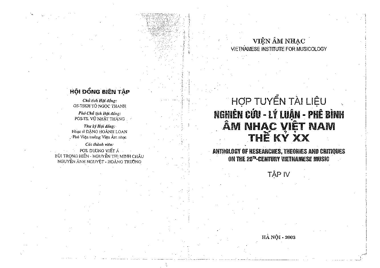 Hợp tuyển tài liệu nghiên cứu - Lý luận - Phê bình âm nhạc Việt Nam thế kỷ XX =