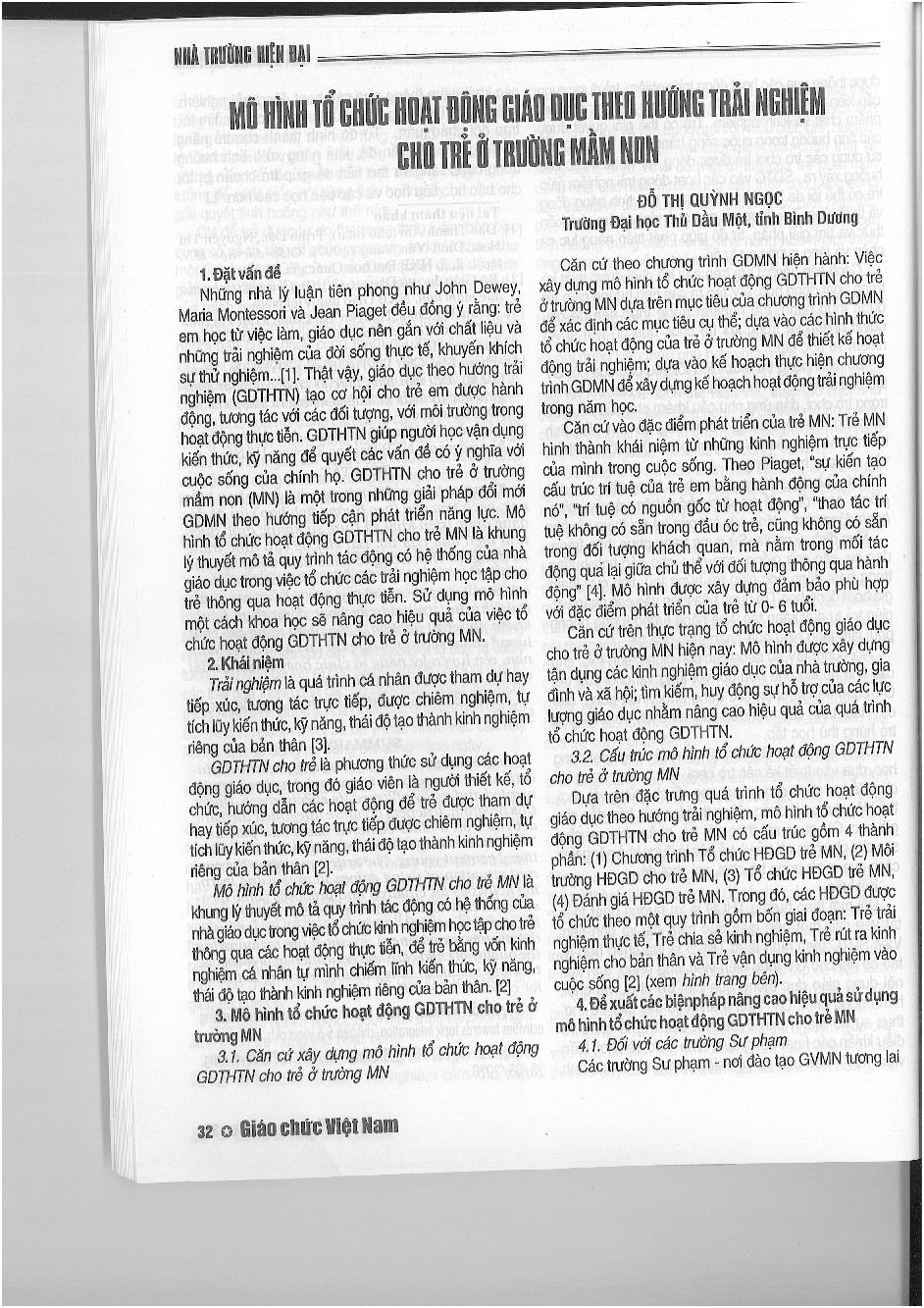 Mô hình tổ chức hoạt động giáo dục theo hướng trải nghiệm cho trẻ ở trường mầm non