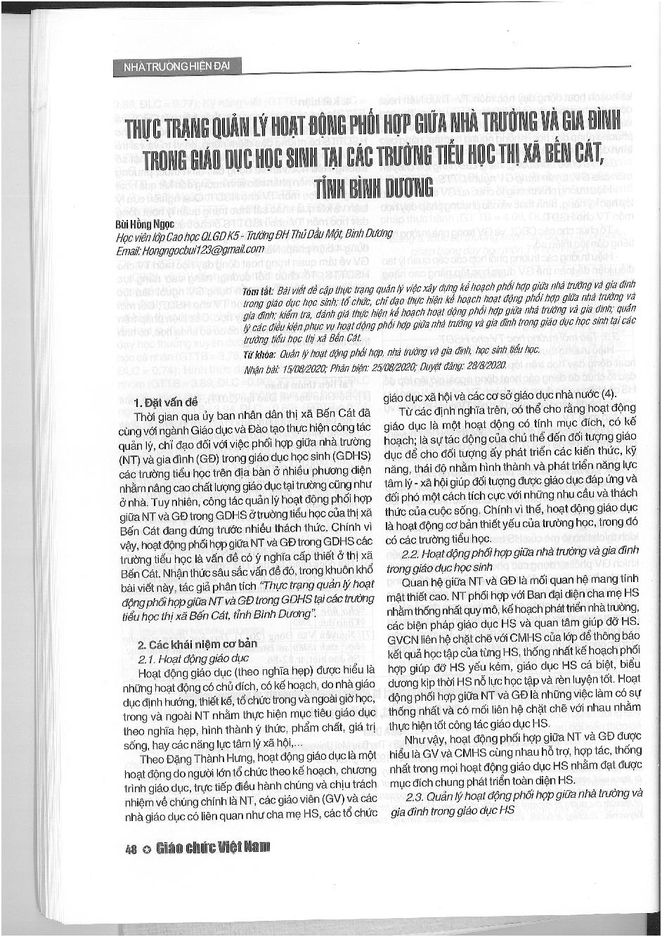 Thực trạng quản lý hoạt động phối hợp giữa nhà trường và gia đình trong giáo dục học sinh tại các trường tiểu học thị xã Bến Cát, tỉnh Bình Dương