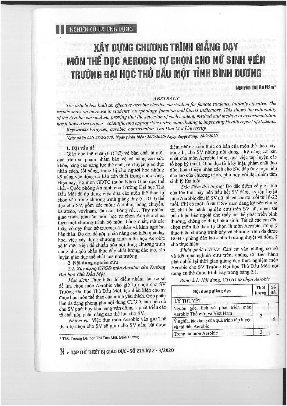 Xây dựng chương trình giảng dạy môn thể dục aerobic tự chọn cho nữ sinh viên trường Đại học Thủ Dầu Một, tỉnh Bình Dương