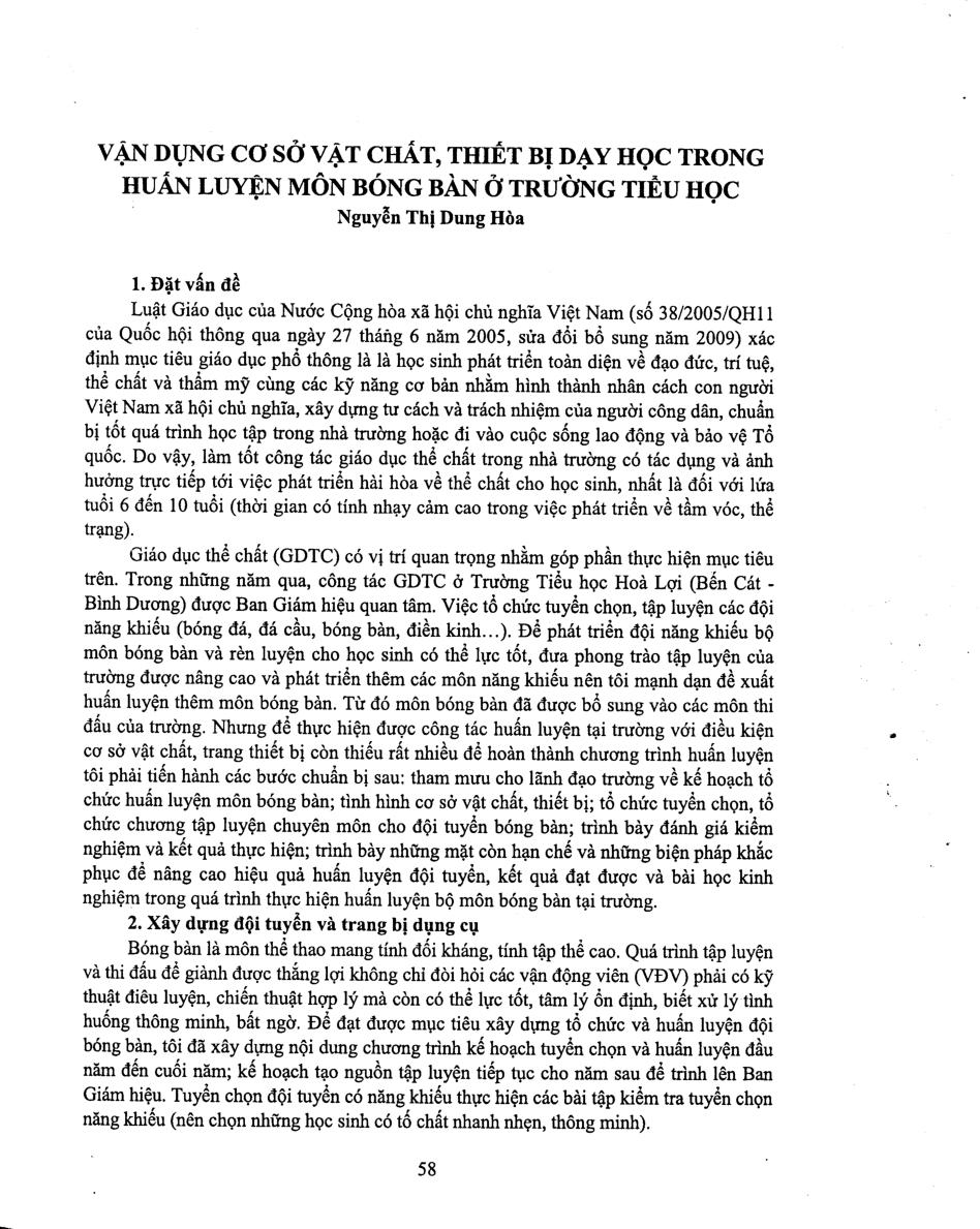 Vận dụng cơ sở vật chất, thiết bị dạy học trong huấn luyện môn bóng bàn ở trường tiểu học