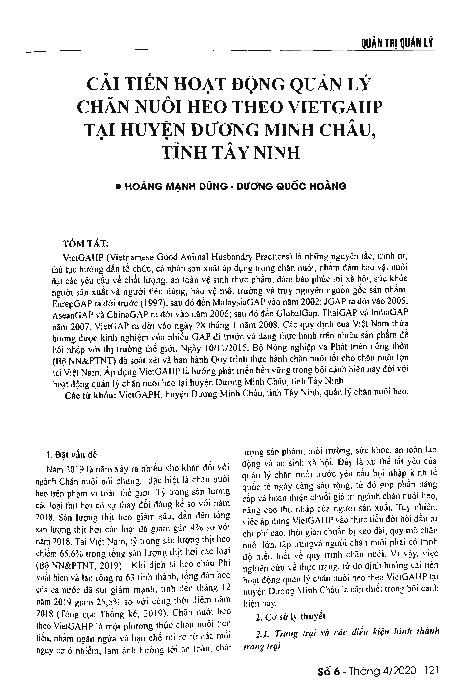 Cải tiến hoạt động quản lý chăn nuôi heo theo VietGAHP tại huyện Dương Minh Châu, tỉnh Tây Ninh