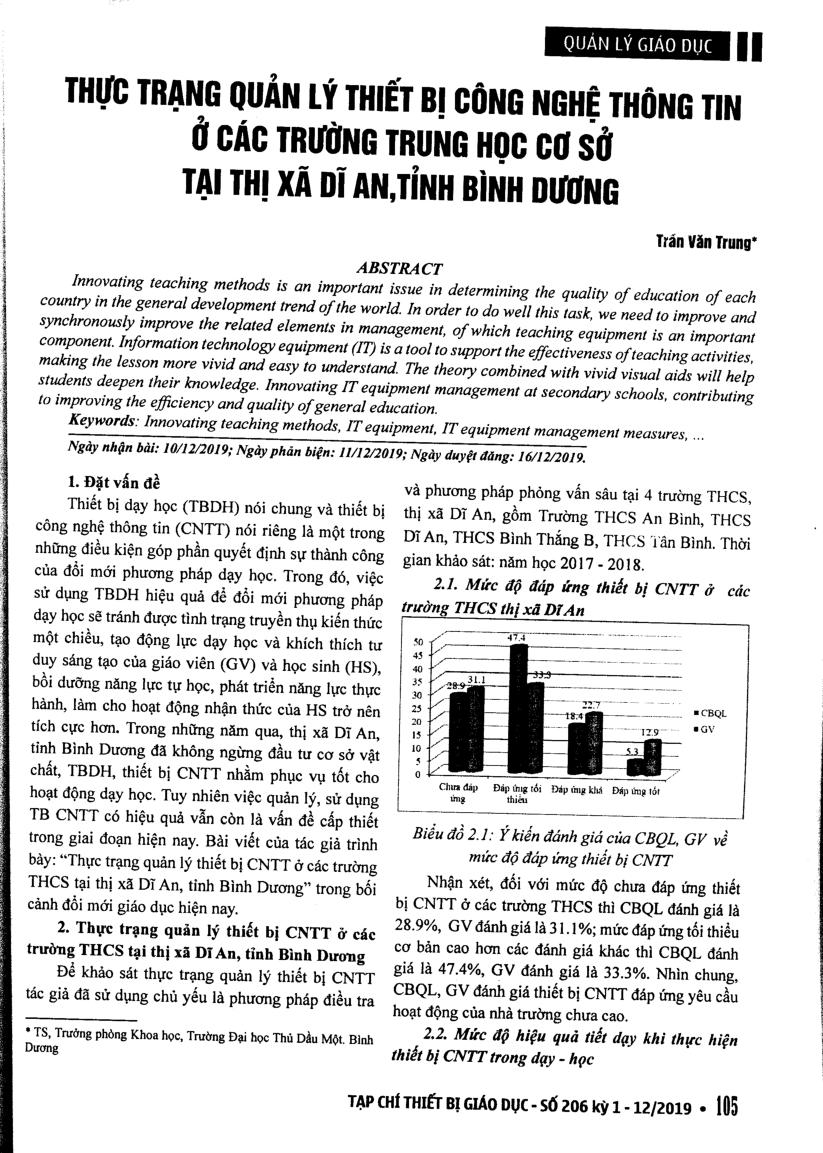 Thực trạng quản lý thiết bị công nghệ thông tin ở các trường trung học cơ sở tại thị xã Dĩ An, tỉnh Bình Dương