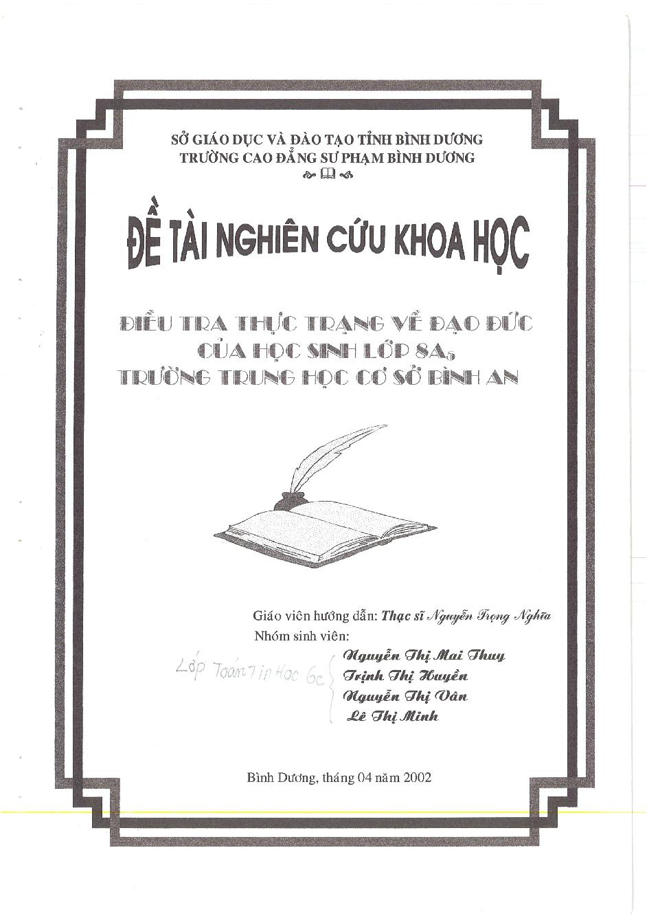 Điều tra thực trạng về đạo đức của học sinh lớp 8A5, Trường Trung học cơ sở Bình An