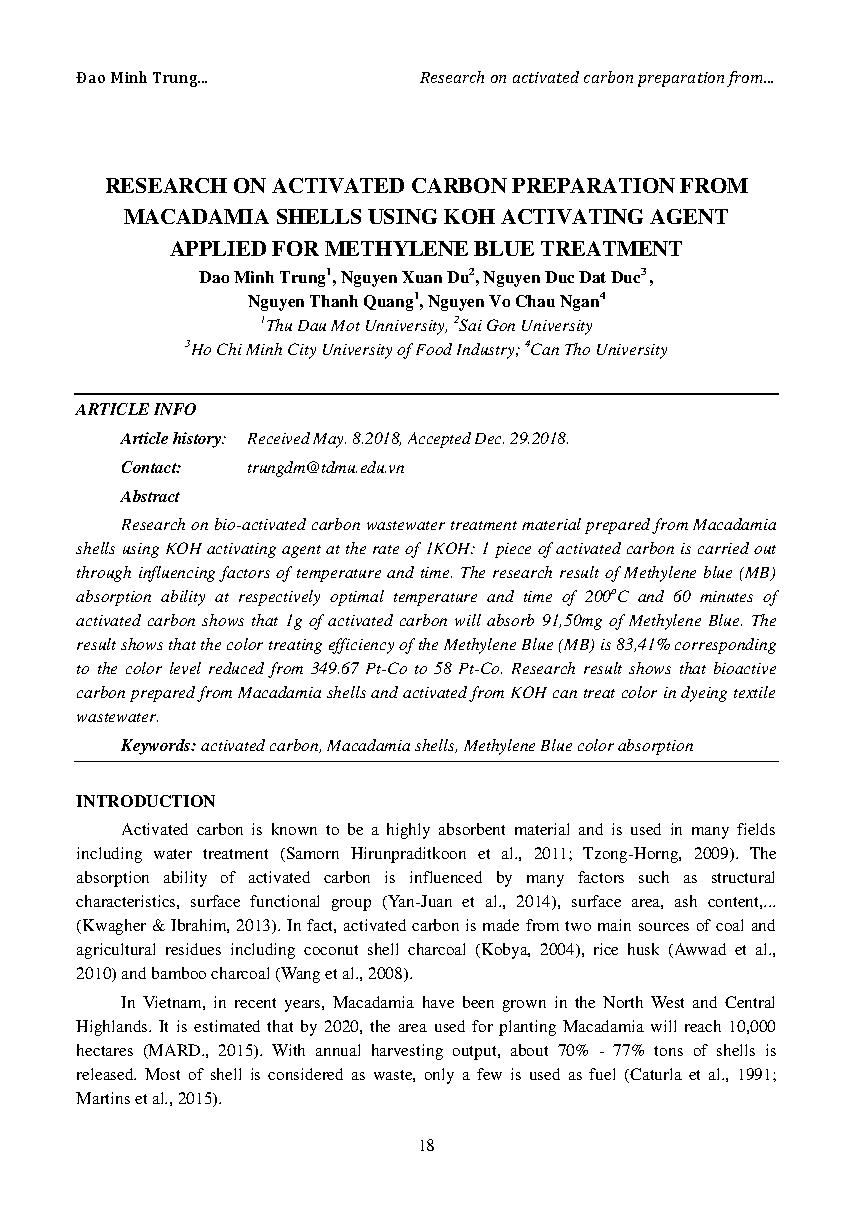 Research on activated carbon preparation from macadamia shells using koh activating agent applied for methylene blue treatment