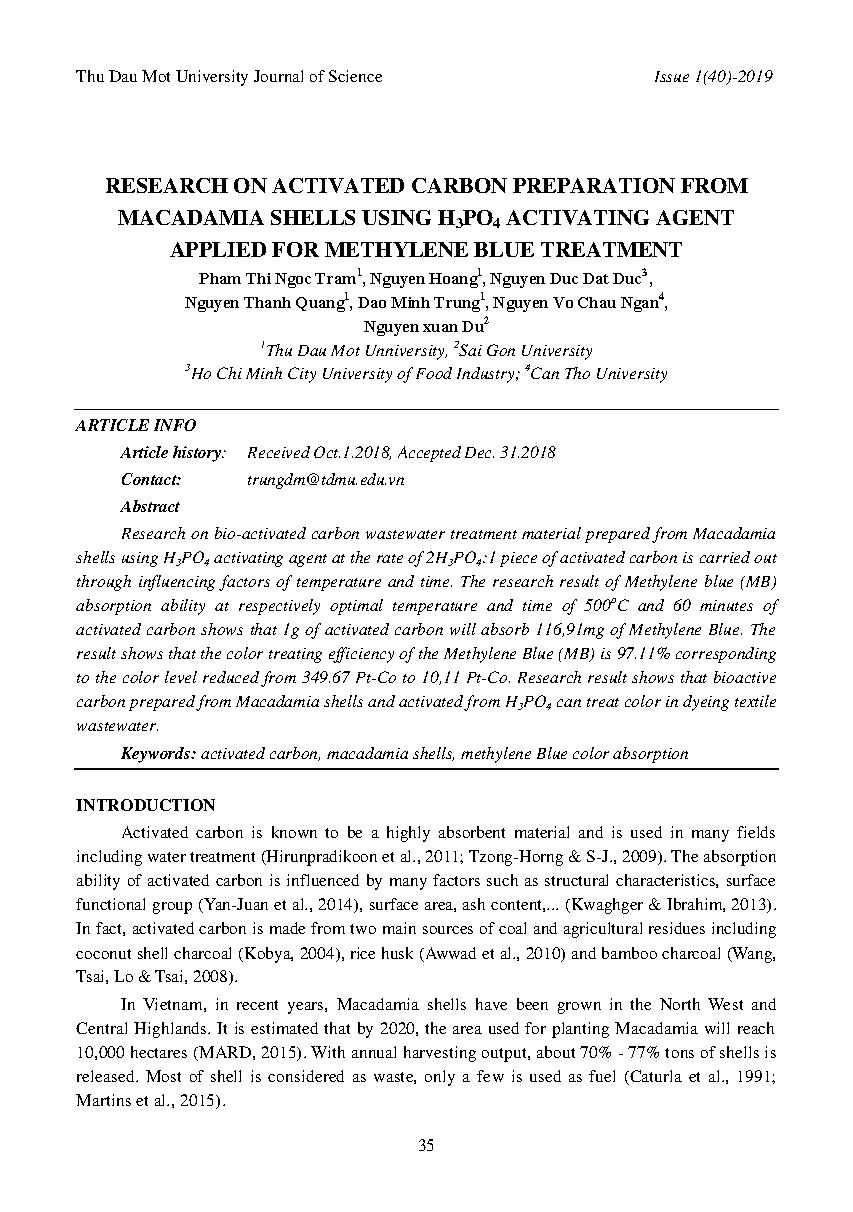 Research on activated carbon preparation from macadamia shells using H3PO4 activating agent applied for methylene blue treatment