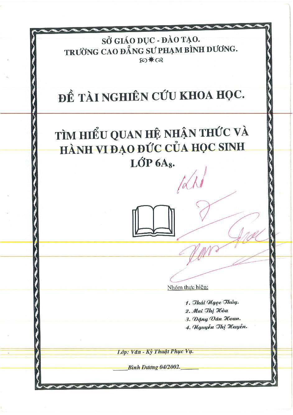 Tìm hiểu quan hệ nhận thức và hành vi đạo đức của học sinh lớp 6A8