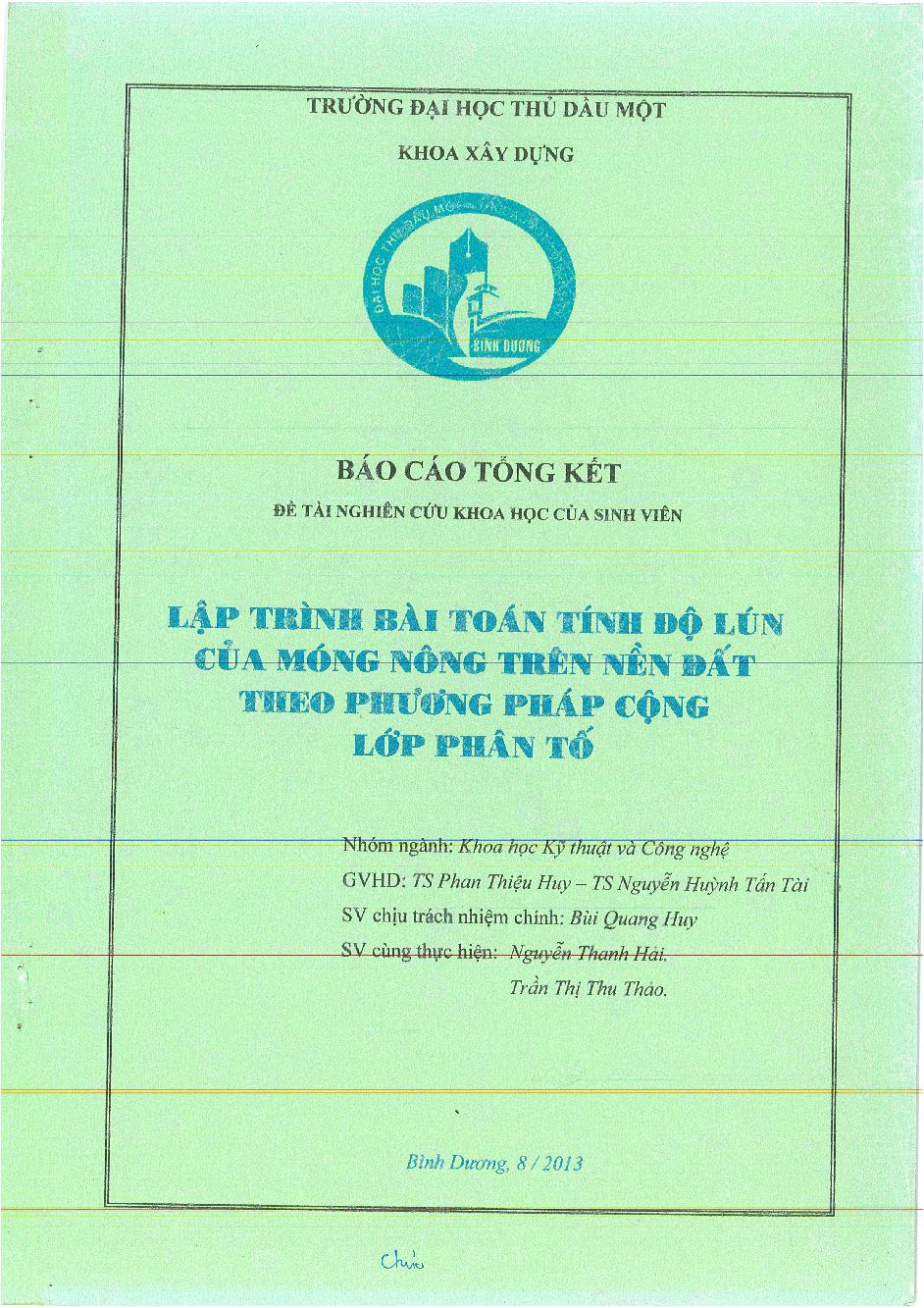 Lập trình bài toán tính độ lún của móng nông trên nền đất theo phương pháp cộng lớp phân tố