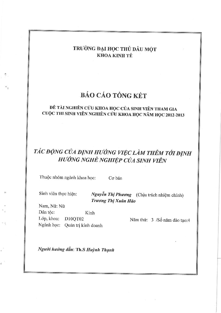 Tác động của định hướng việc làm thêm tới định hướng nghề nghiệp của sinh viên