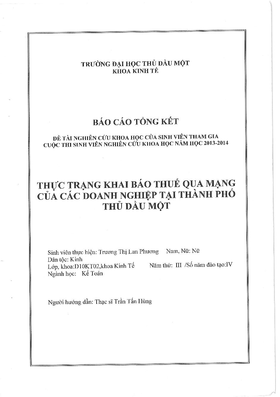 Thực trạng khai báo thuế qua mạng của các doanh nghiệp tại thành phố Thủ Dầu Một