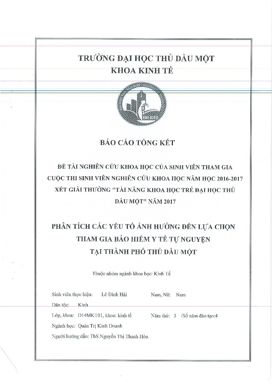 Phân tích các yếu tố ảnh hưởng đến lựa chọn tham gia bảo hiểm y tế tự nguyện tại thành phố Thủ Dầu Một