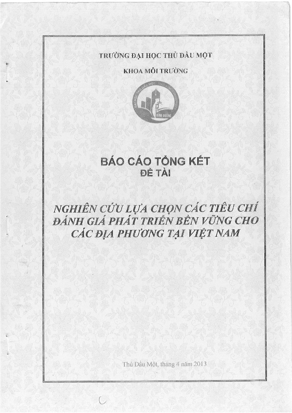 Nghiên cứu lựa chọn các tiêu chí đánh giá phát triển bền vững cho các địa phương Việt Nam