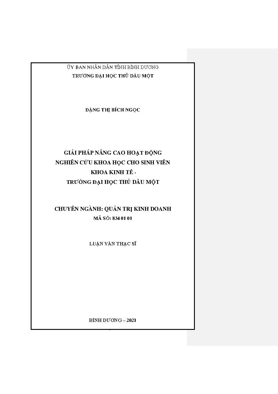 Giải pháp nâng cao hoạt động nghiên cứu khoa học cho sinh viên Khoa Kinh tế - Trường Đại học Thủ Dầu Một