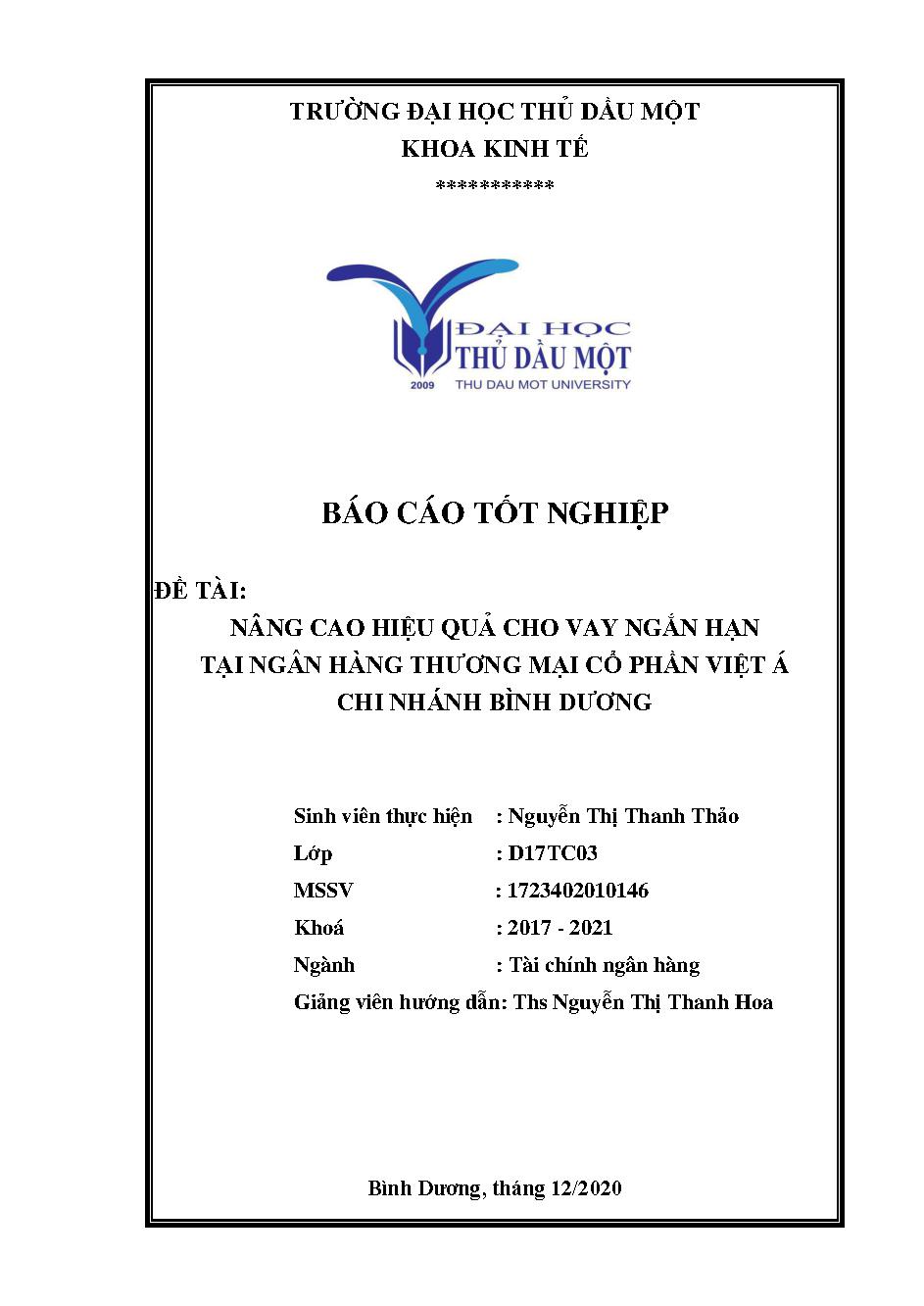 Nâng cao hiệu quả cho vay ngắn hạn tại Ngân hàng Thương mại Cổ phần Việt Á chi nhánh Bình Dương